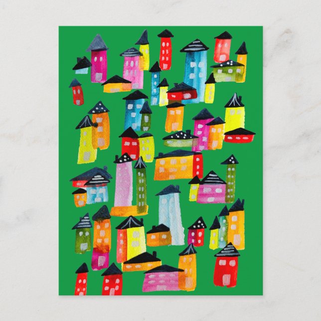 Niedliche farbenfrohe Häuser Aquarellkunst Postkarte (Vorderseite)