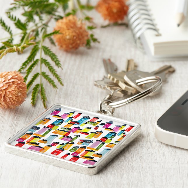 Niedliche farbenfrohe Häuser Aquarellkunst Schlüsselanhänger (Seite)