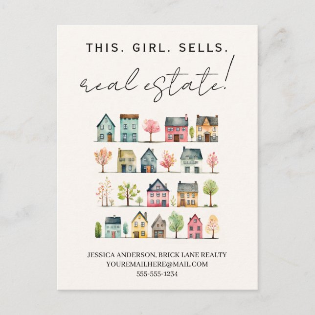 Niedliche farbenfrohe Häuser Dieses Mädchen verkau Postkarte (Vorderseite)