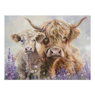 Niedliche, farbenfrohe Hochlandkuh und Kalb auf ei Poster