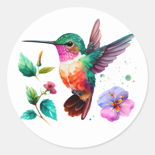 Niedliche Farbenfrohe Hummingvogel und Blume Runder Aufkleber (Vorderseite)