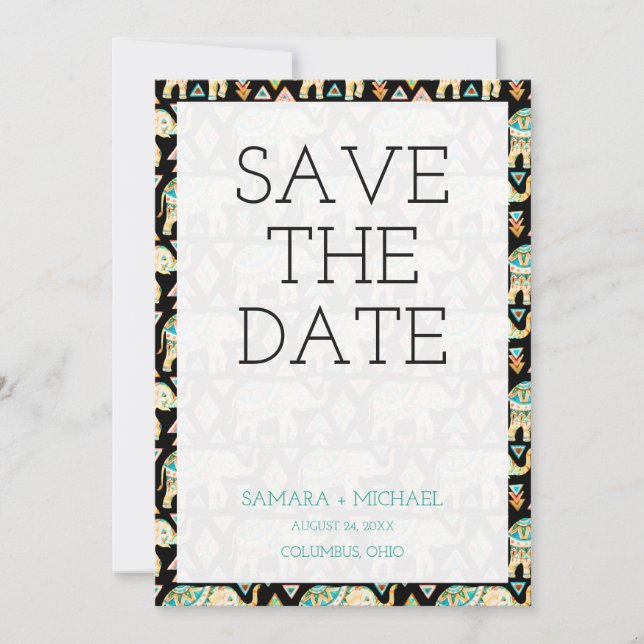 Niedliche farbenfrohe indianische Elefanten Save t Save The Date (Vorderseite)