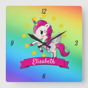 Niedliche Farbenfrohe magische Einhorn Kinder Name Quadratische Wanduhr