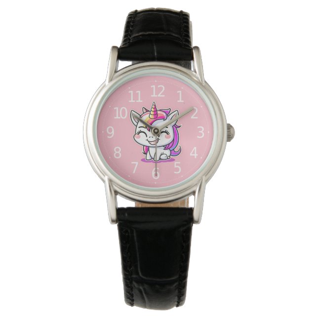 Niedliche Farbenfrohe magische Happy Einhorn Kunst Armbanduhr (Vorderseite)