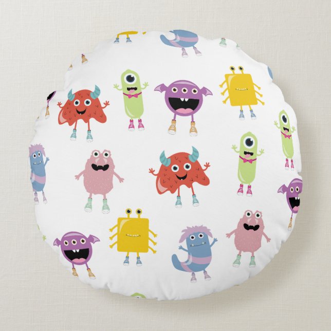 Niedliche farbenfrohe Monster Funny Kids Pattern Rundes Kissen (Vorderseite)