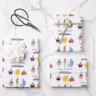 Niedliche farbenfrohe Monster Witziger Kindergebur Geschenkpapier Set