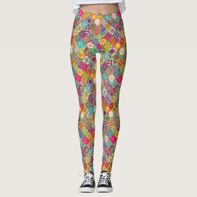 Niedliche farbenfrohe, nahtlose Dekorationsmuster Leggings (Vorderseite)