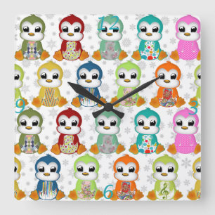Niedliche, farbenfrohe Pinguine Blume Quadratische Wanduhr