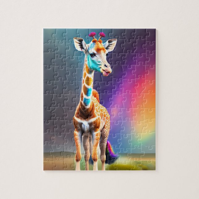 Niedliche Farbenfrohe Regenbogenfarben Giraffe Puzzle (Vertikal)