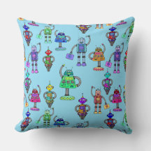 Niedliche, farbenfrohe Roboter auf blauem Hintergr