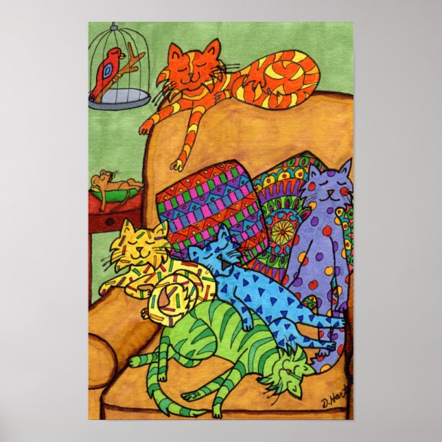 Niedliche Farbenfrohe Zeichnend Cats Chair Napping Poster (Vorne)