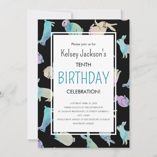 Niedliche Farbgeblasene Kaninchenvorlage Einladung (Vorderseite)