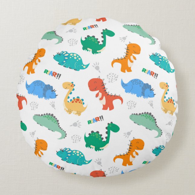 Niedliche Farbige Dinosaurier Illustriertes Muster Rundes Kissen (Vorderseite)