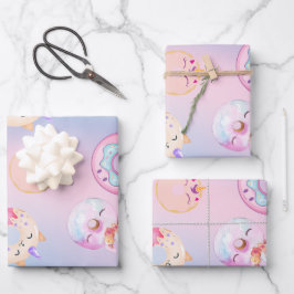 Niedliche farbige Einhornpastellblume Regenbogen D Geschenkpapier Set
