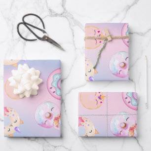 Niedliche farbige Einhornpastellblume Regenbogen D Geschenkpapier Set