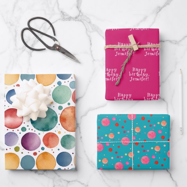 Niedliche farbige Punkte Türkis Wasserfarbe Geburt Geschenkpapier Set (Vorderseite)