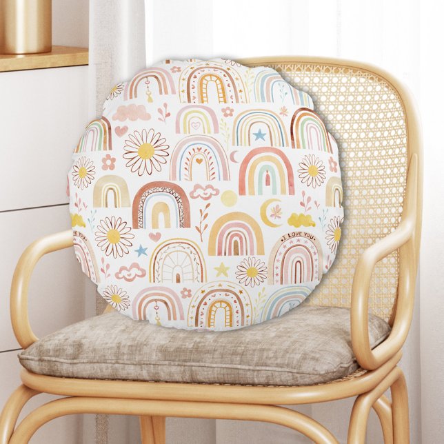 Niedliche farbige Regenbogen und Daisy-Blume Abstr Rundes Kissen (In situ)