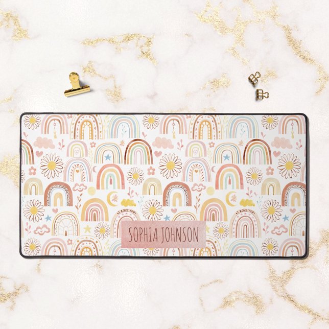 Niedliche farbige Regenbogen und Daisy-Blume Abstr Schreibtischunterlage (In situ)