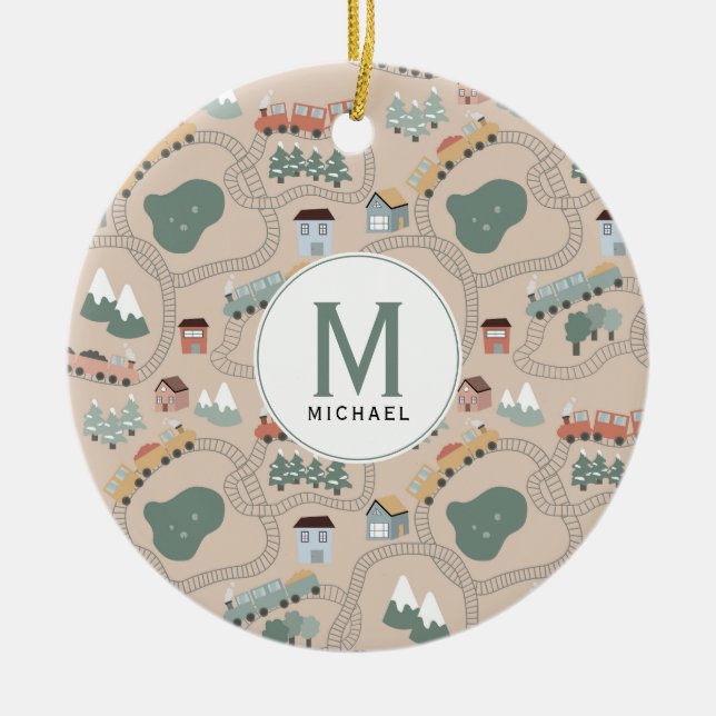 Niedliche farbige Züge auf Zugschienen Kids Monogr Keramik Ornament (Vorne)