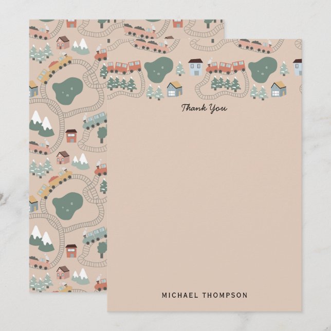 Niedliche farbige Züge auf Zugtrassen Kindermuster Dankeskarte (Vorne/Hinten)