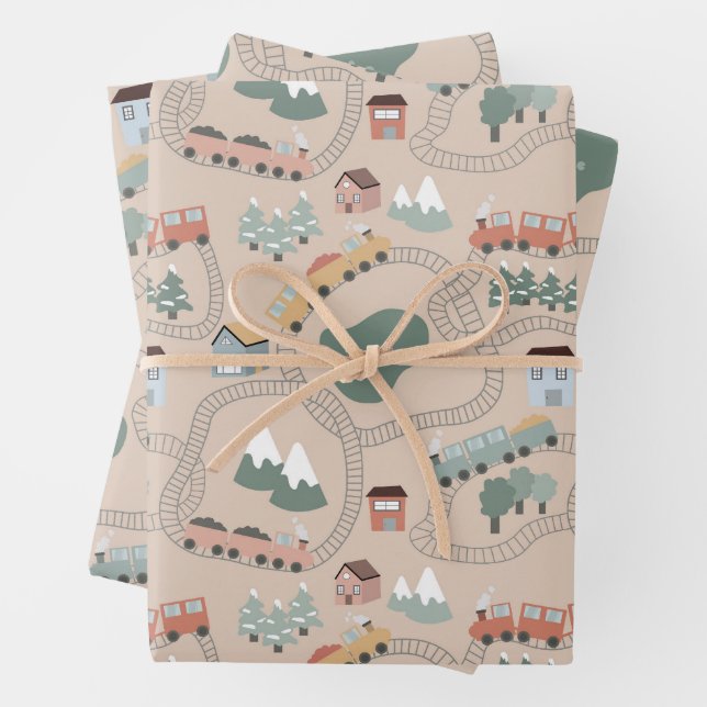 Niedliche farbige Züge auf Zugtrassen Kindermuster Geschenkpapier Set (Beispiel)