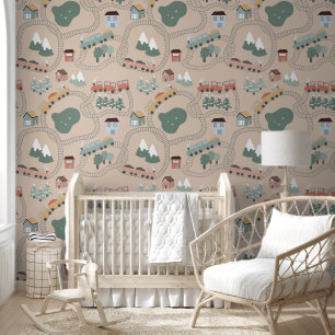 Niedliche farbige Züge auf Zugtrassen Kindermuster Tapete