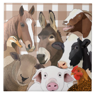 Niedliche Farm Animal Portrait Gingham Karo - Brow Fliese