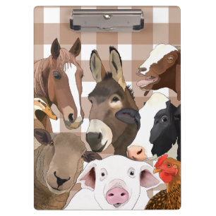 Niedliche Farm Animal Portrait Gingham Karo - Brow Klemmbrett