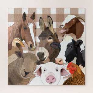 Niedliche Farm Animal Portrait Gingham Karo - Brow Puzzle