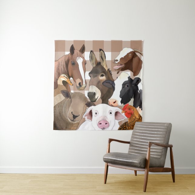 Niedliche Farm Animal Portrait Gingham Karo - Brow Wandteppich (Beispiel)