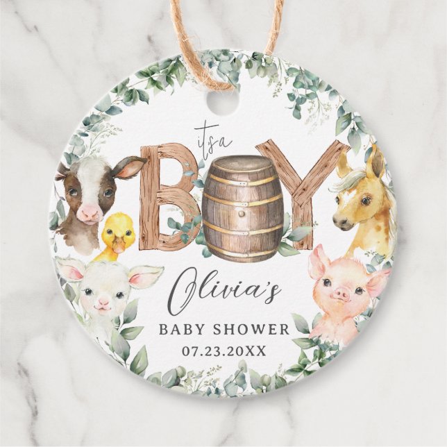 Niedliche Farm Animals Greenery Boy Barn Baby Dusc Geschenkanhänger (Vorderseite)