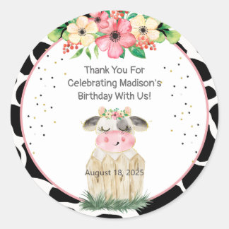 Niedliche Farm Kuh Floral Girls Geburtstagsticker Runder Aufkleber