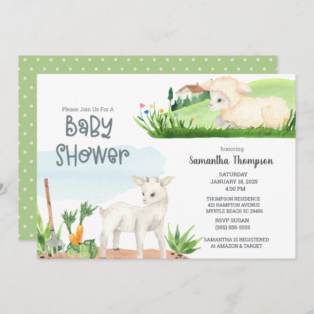 Niedliche Farm Lamb Green Boys Kinderdusche Einlad Einladung (Vorne/Hinten)