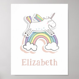 Niedliche Fee Einhorn auf Regenbogen. Baby Girl Ki Poster