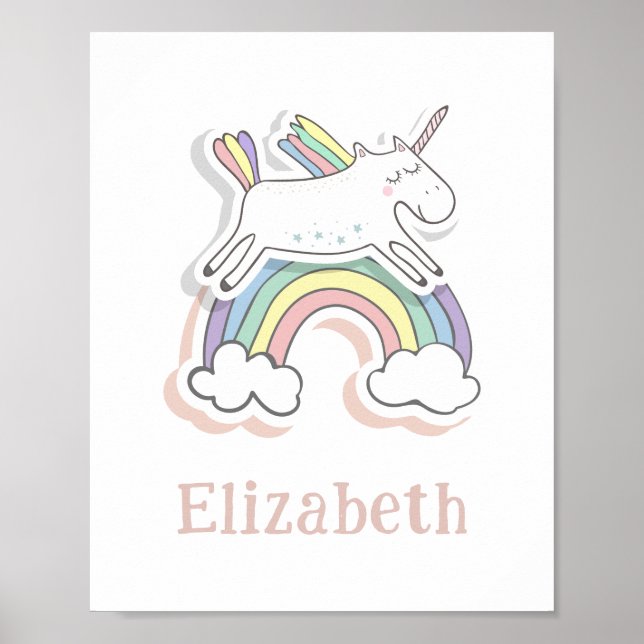 Niedliche Fee Einhorn auf Regenbogen. Baby Girl Ki Poster (Vorne)