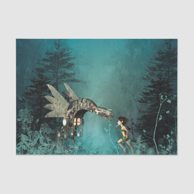 Niedliche Fee mit Dampfdrachen Seidenpapier (Vorderseite)