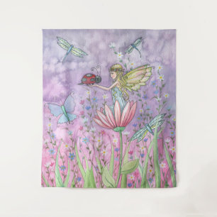 Niedliche Fee mit Marienkäfer-Aquarell-Kunst Wandteppich