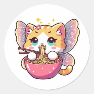 Niedliche Feenkatze frisst Ramen-Nudeln Runder Aufkleber