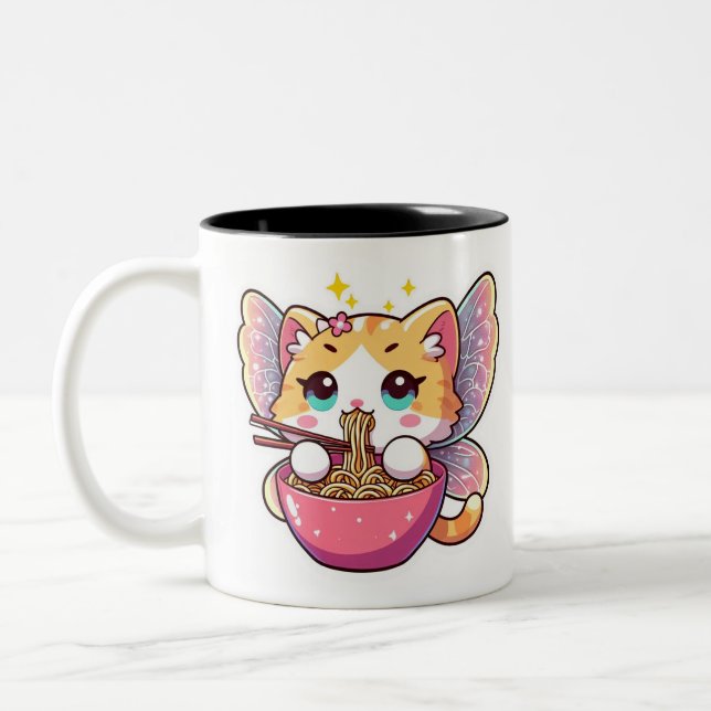 Niedliche Feenkatze frisst Ramen-Nudeln Zweifarbige Tasse (Links)
