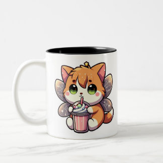 Niedliche Feenkatze trinkt Milchshake Zweifarbige Tasse