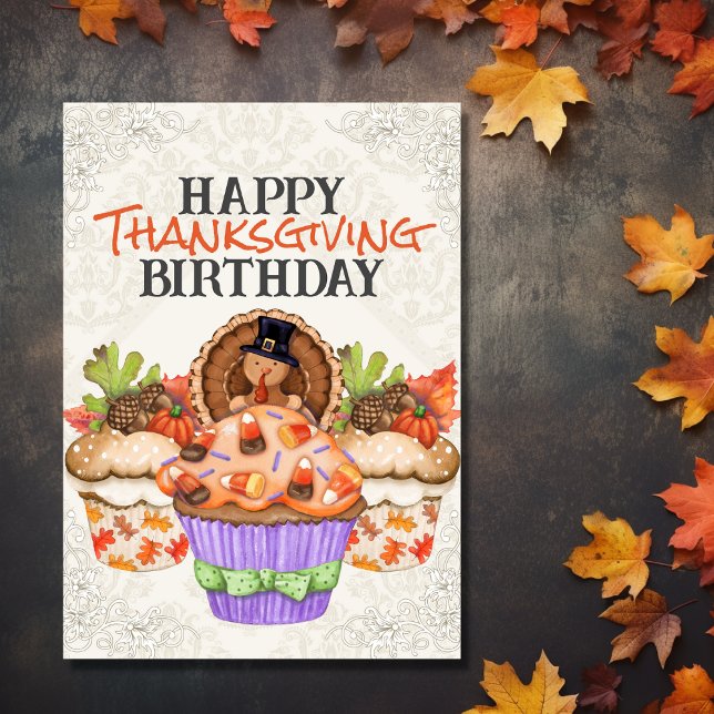 Niedliche Feiertage Cupcakes glücklich Thanksgivin Karte (Front - Cute Holiday Cupcakes Happy Thanksgiving Birthday Card)