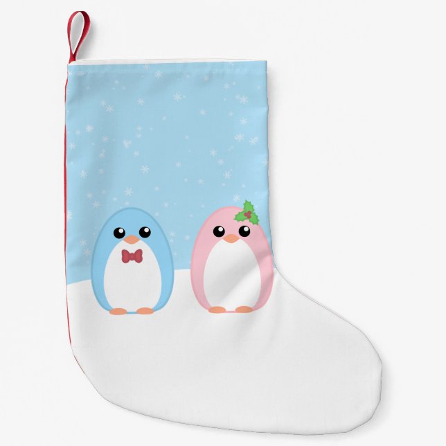 Niedliche Feiertagpenguin-Paare Kleiner Weihnachtsstrumpf (Vorderseite)