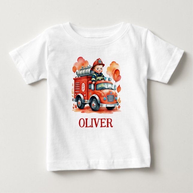 Niedliche Feuerwehrfahrzeuge und Feuerwehrmann Baby T-shirt (Vorderseite)
