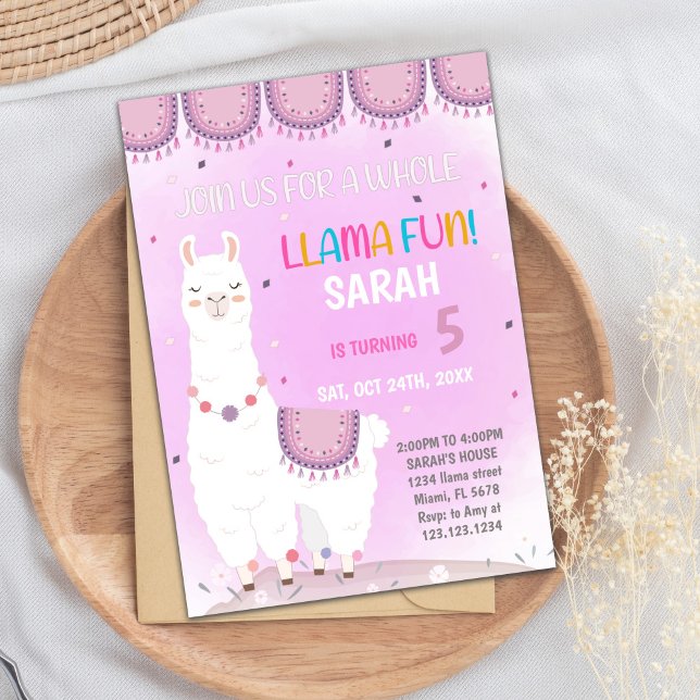 Niedliche Fiesta Party Card für Mädchen oder Kinde Einladung (Purple Back Llama Birthday Invitations)