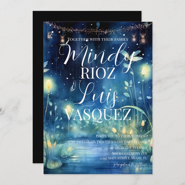 Niedliche Fireflies String Lights Hochzeitseinladu Einladung (Vorne/Hinten)