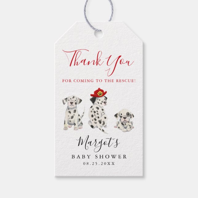 Niedliche Fireman Puppy-Baby-Dusche Geschenkanhänger (Vorderseite)