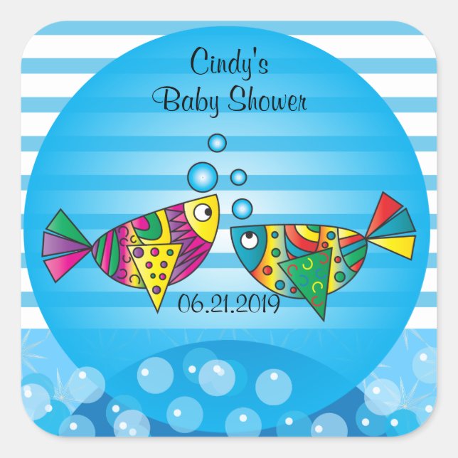 Niedliche Fishy Bubbles Baby Showthema Quadratischer Aufkleber (Vorderseite)