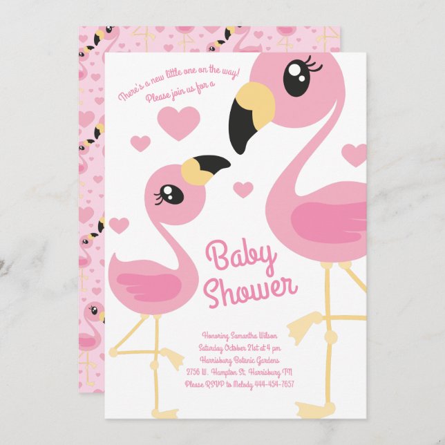 Niedliche Flamingo Baby Dusche Tropical Beach Pink Einladung (Vorne/Hinten)