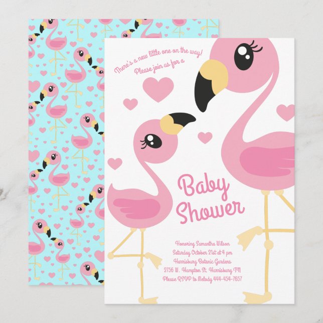 Niedliche Flamingo Kinderdusche Tropical Beach Spr Einladung (Vorne/Hinten)