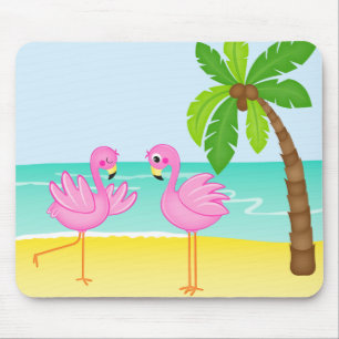 Niedliche Flamingo-Strand-Szene mit Palme Mousepad